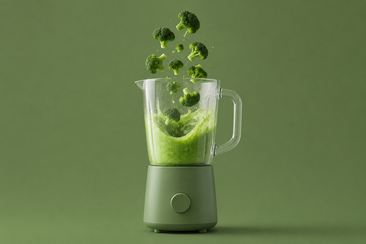 Broccoli florets falling into a green blender