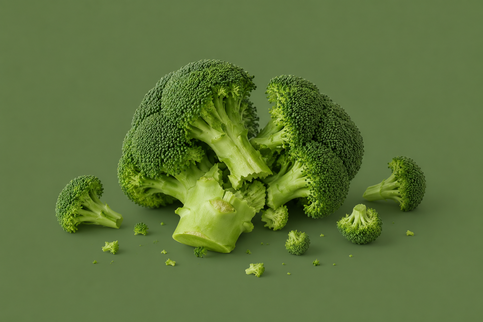 A broccoli head broken into florets and small crumbs